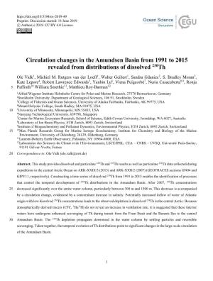 Circulation Changes in the Amundsen Basin from 1991 to 2015 Revealed from Distributions of Dissolved 230Th