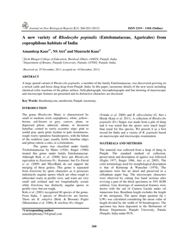 A New Variety of Rhodocybe Popinalis (Entolomataceae, Agaricales) from Coprophilous Habitats of India