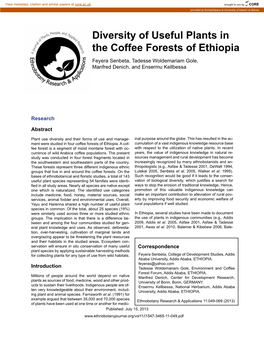 Diversity of Useful Plants in the Coffee Forests of Ethiopia Feyera Senbeta, Tadesse Woldemariam Gole, Manfred Denich, and Ensermu Kellbessa