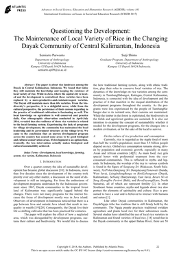 The Maintenance of Local Variety of Rice in the Changing Dayak Community of Central Kalimantan, Indonesia