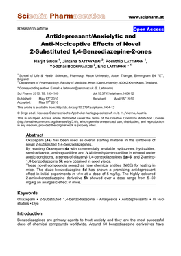 Antidepressant/Anxiolytic and Anti-Nociceptive Effects of Novel 2-Substituted 1,4-Benzodiazepine-2-Ones