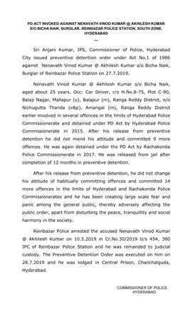 Sri Anjani Kumar, IPS, Commissioner of Police, Hyderabad City Issued Preventive Detention Order Under Act No.1 of 1986 Against