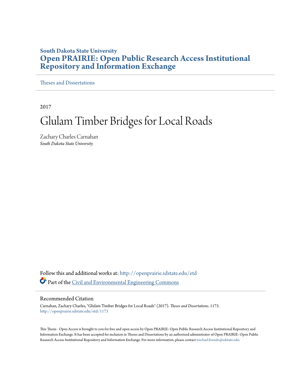 Glulam Timber Bridges for Local Roads Zachary Charles Carnahan South Dakota State University