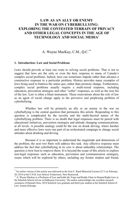 Law As an Ally Or Enemy in the War on Cyberbullying: Exploring the Contested Terrain of Privacy and Other Legal Concepts in the Age of Technology and Social Media*