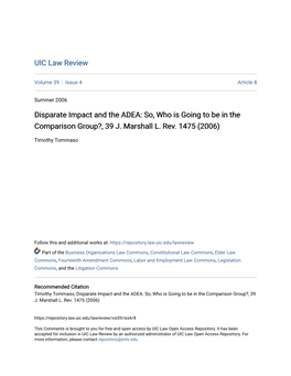 Disparate Impact and the ADEA: So, Who Is Going to Be in the Comparison Group?, 39 J