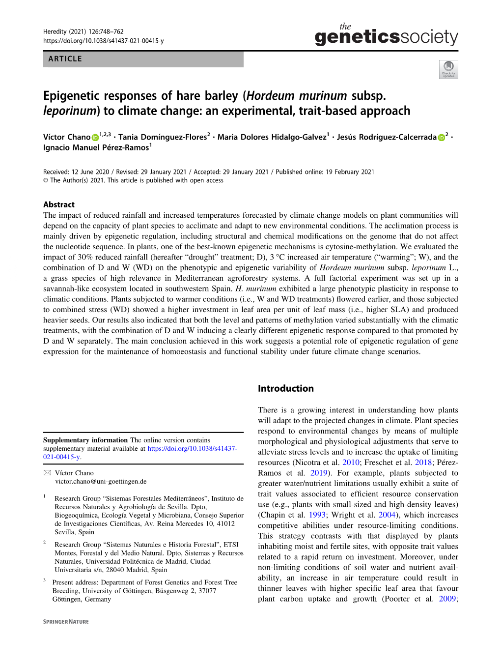 Epigenetic Responses of Hare Barley (Hordeum Murinum Subsp. Leporinum) to Climate Change: an Experimental, Trait-Based Approach