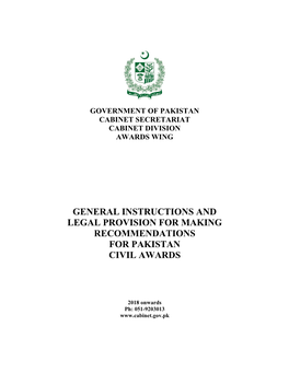 General Instructions and Legal Provision for Making Recommendations for Pakistan Civil Awards