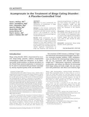 Acamprosate in the Treatment of Binge Eating Disorder: a Placebo-Controlled Trial