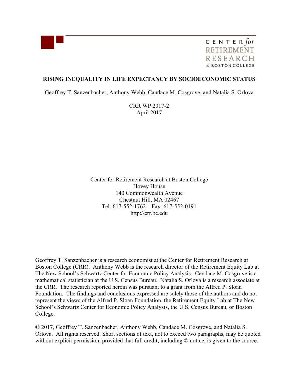 RISING INEQUALITY In LIFE EXPECTANCY By SOCIOECONOMIC STATUS Geoffrey T ...