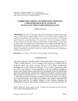 Correcting Things As Correcting Feelings: a Phenomenological Study of Wang Yang-Mingâ•Žs Doctrine of Ge-Wu