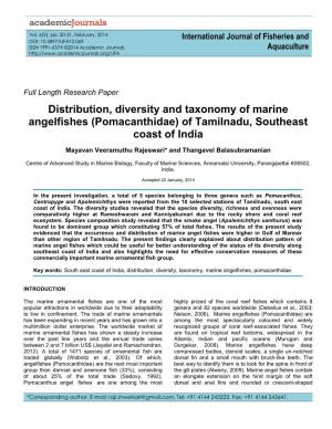 Distribution, Diversity and Taxonomy of Marine Angelfishes (Pomacanthidae) of Tamilnadu, Southeast Coast of India