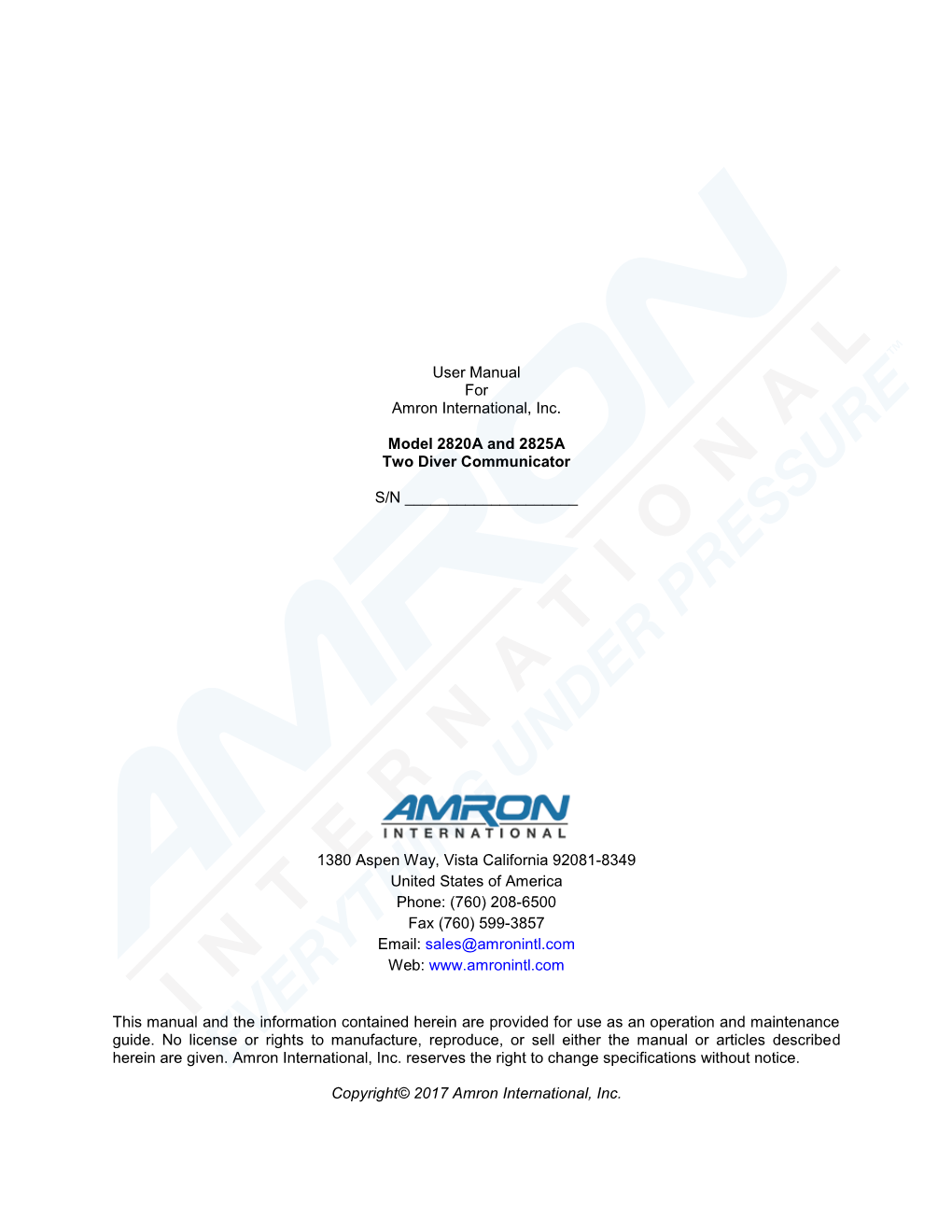 User Manual for Amron International, Inc. Model 2820A and 2825A Two