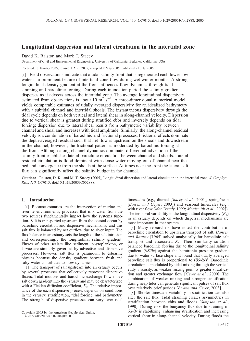 Longitudinal Dispersion and Lateral Circulation in the Intertidal Zone