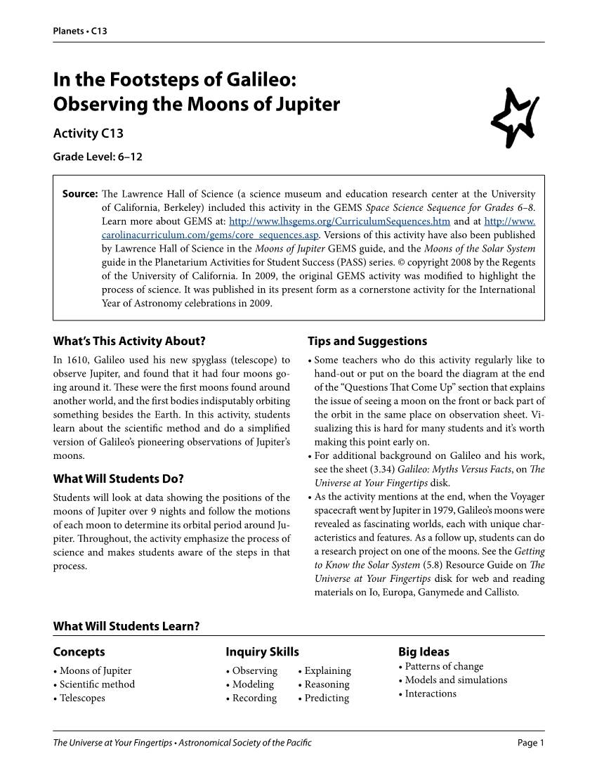 Observing the Moons of Jupiter Activity C13 Grade Level: 6–12