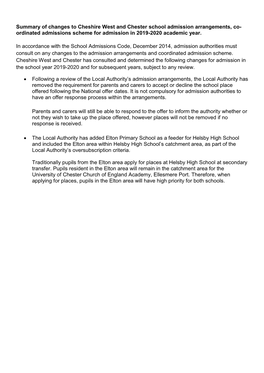 Summary of Changes to Cheshire West and Chester School Admission Arrangements, Co- Ordinated Admissions Scheme for Admission in 2019-2020 Academic Year