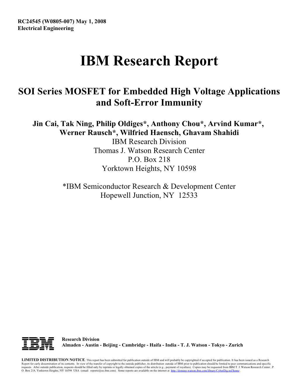 IBM Research Report SOI Series MOSFET for Embedded High