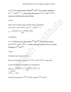 (A) Two Stable Isotopes of Lithium and Have Respective Abundances of And