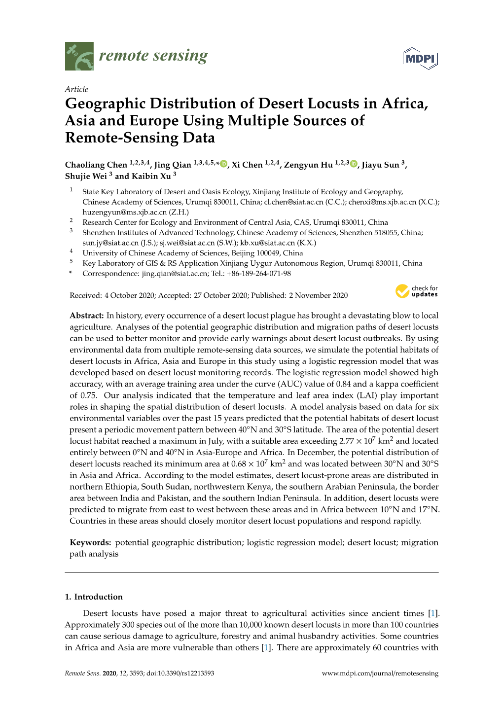 Geographic Distribution of Desert Locusts in Africa, Asia and Europe Using Multiple Sources of Remote-Sensing Data