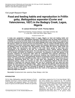 Food and Feeding Habits and Reproduction in Frillfin Goby, Bathygobius Soporator (Cuvier and Valenciennes, 1837) in the Badagry Creek, Lagos, Nigeria