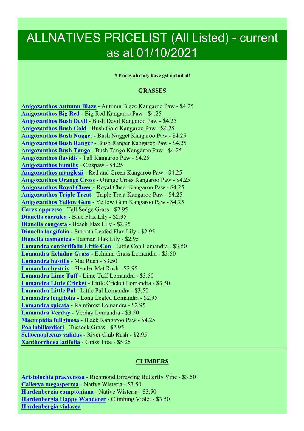 ALLNATIVES PRICELIST (All Listed) - Current As at 01/10/2021