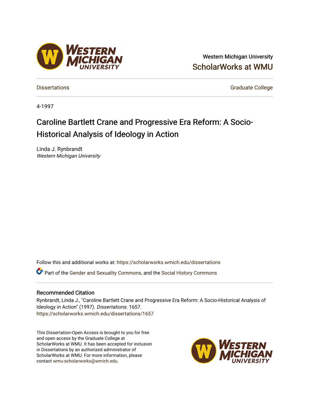 Caroline Bartlett Crane and Progressive Era Reform: a Socio- Historical Analysis of Ideology in Action