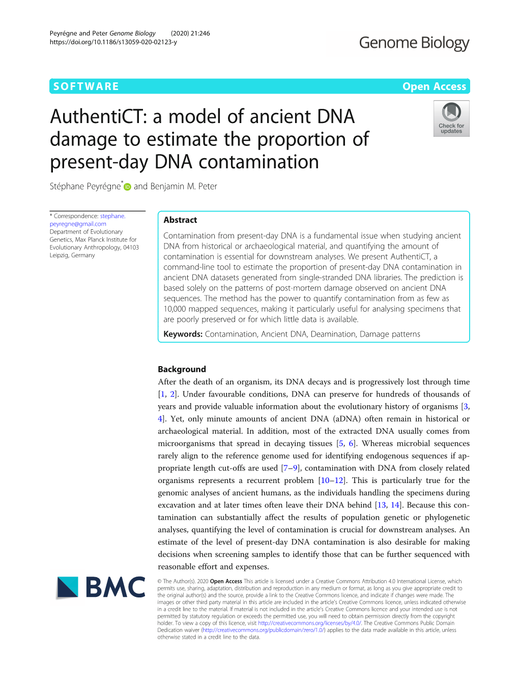 Authentict: a Model of Ancient DNA Damage to Estimate the Proportion of Present-Day DNA Contamination Stéphane Peyrégne* and Benjamin M