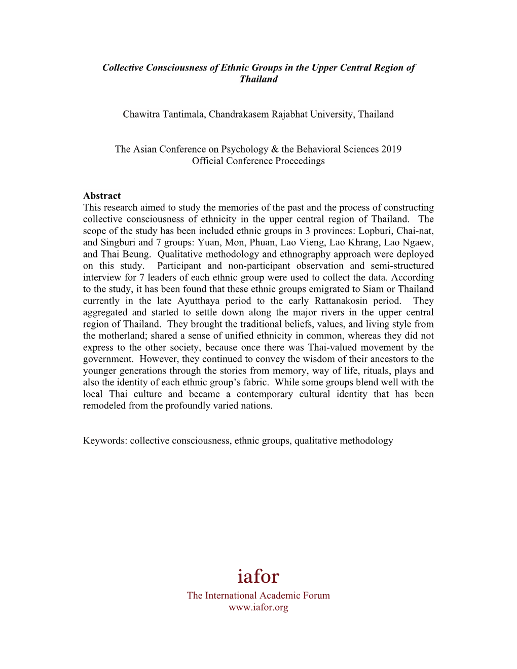 Collective Consciousness of Ethnic Groups in the Upper Central Region of Thailand