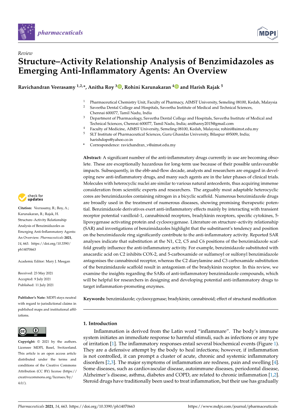 Structure–Activity Relationship Analysis of Benzimidazoles As Emerging Anti-Inﬂammatory Agents: an Overview