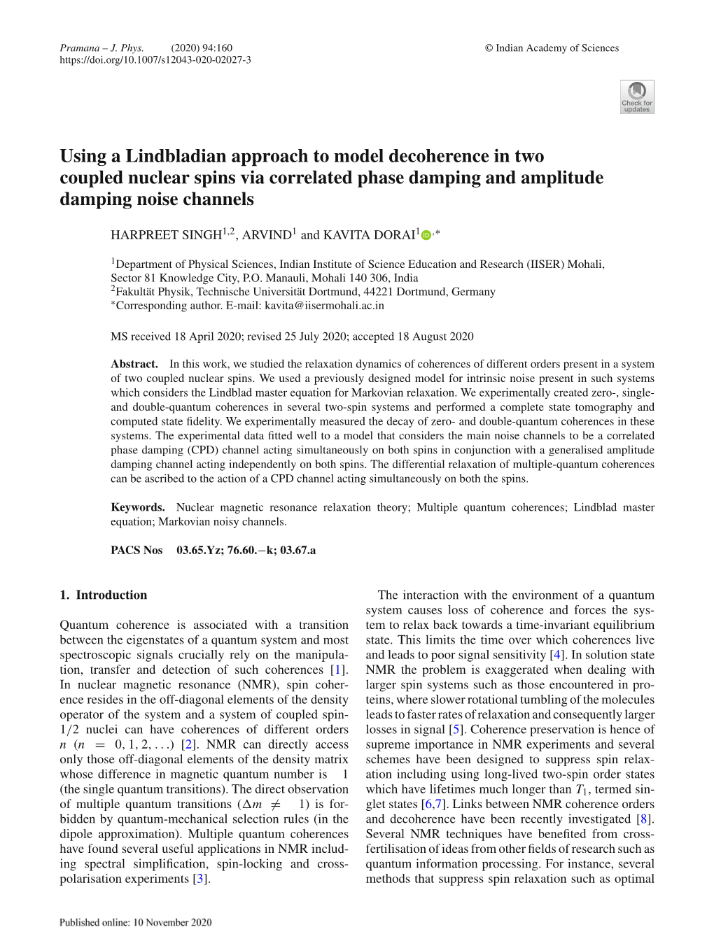 Using a Lindbladian Approach to Model Decoherence in Two Coupled Nuclear Spins Via Correlated Phase Damping and Amplitude Damping Noise Channels