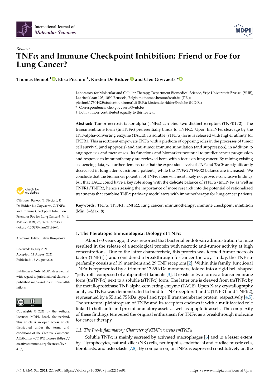 TNF and Immune Checkpoint Inhibition: Friend Or Foe for Lung Cancer?