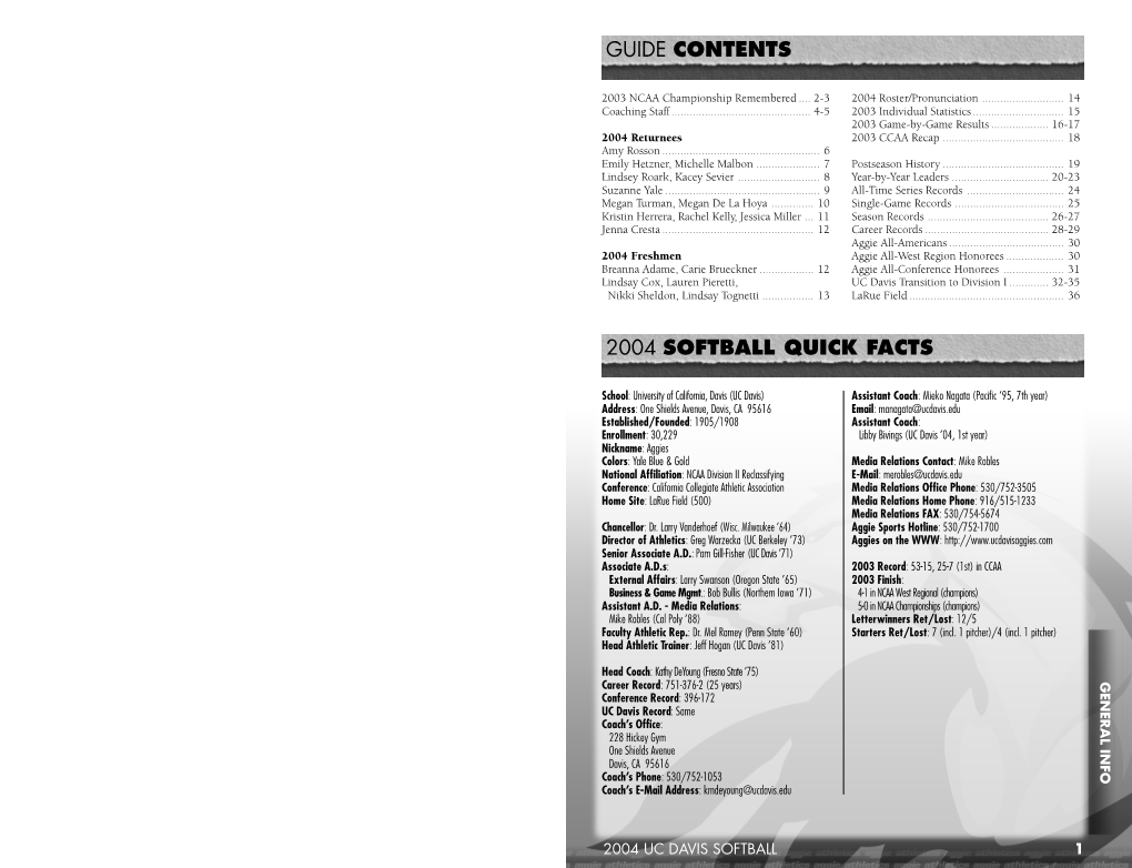 2004 Softball Quick Facts Guide Contents