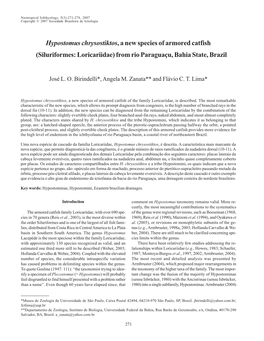 Hypostomus Chrysostiktos, a New Species of Armored Catfish (Siluriformes: Loricariidae) from Rio Paraguaçu, Bahia State, Brazil