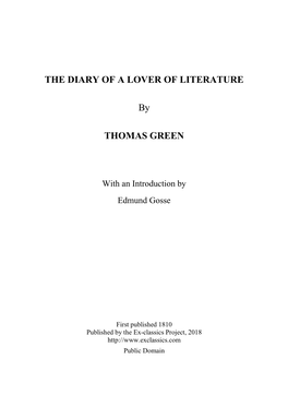 THE DIARY of a LOVER of LITERATURE by THOMAS GREEN