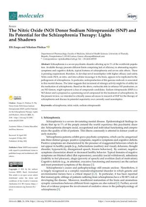 The Nitric Oxide (NO) Donor Sodium Nitroprusside (SNP) and Its Potential for the Schizophrenia Therapy: Lights and Shadows