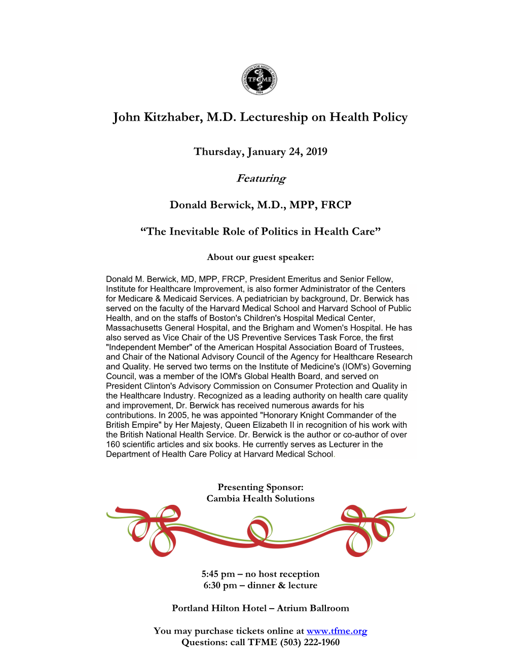 John Kitzhaber, M.D. Lectureship on Health Policy