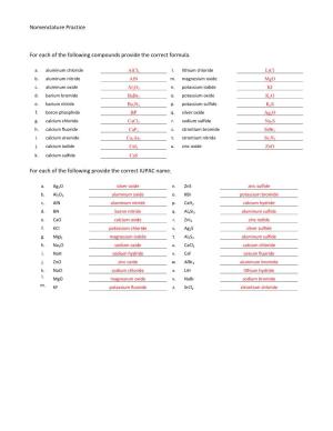 Nomenclature Practice for Each of the Following Compounds Provide The