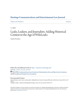 Leaks, Leakers, and Journalists: Adding Historical Context to the Age of Wikileaks Sandra Davidson