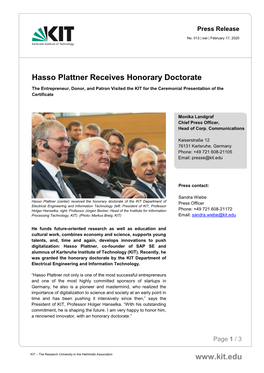 Hasso Plattner Receives Honorary Doctorate