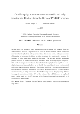 Outside Equity, Innovative Entrepreneurship and Risky Investments: Evidence from the German ’INVEST’ Program