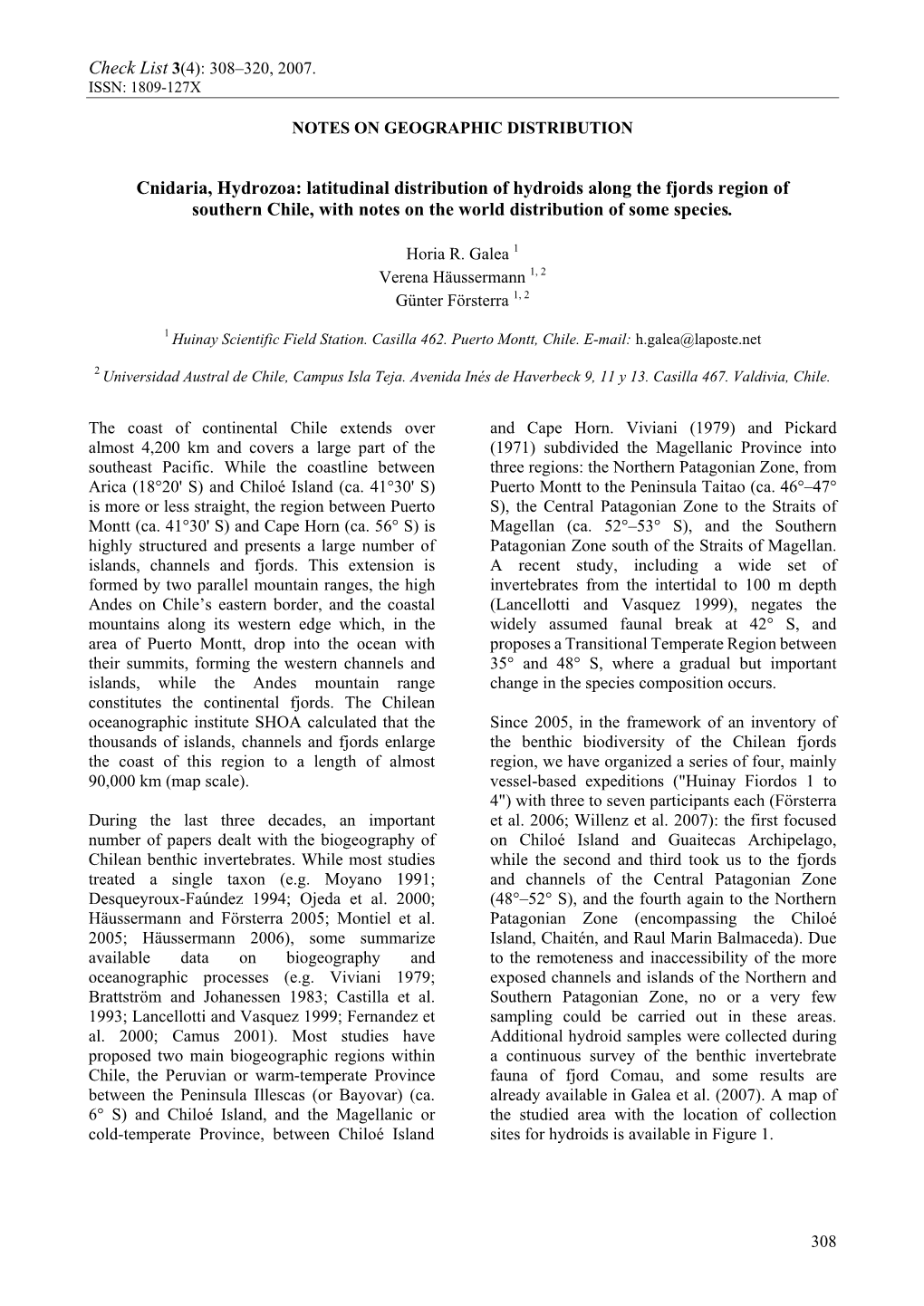 Cnidaria, Hydrozoa: Latitudinal Distribution of Hydroids Along the Fjords Region of Southern Chile, with Notes on the World Distribution of Some Species