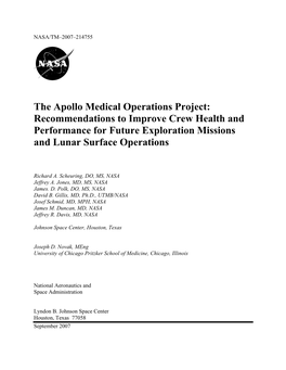 The Apollo Medical Operations Project: Recommendations to Improve Crew Health and Performance for Future Exploration Missions and Lunar Surface Operations