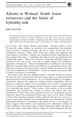 Adorno at Womad: South Asian Crossovers and the Limits of Hybridity-Talk