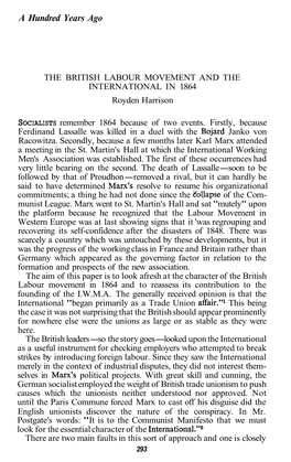 THE BRITISH LABOUR MOVEMENT and the INTERNATIONAL in 1864 Royden Harrison
