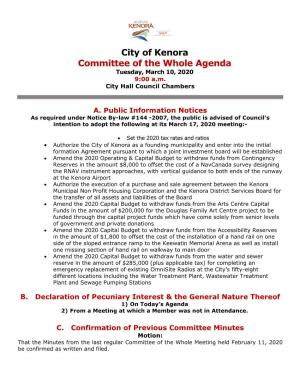 City of Kenora Committee of the Whole Agenda Tuesday, March 10, 2020 9:00 A.M