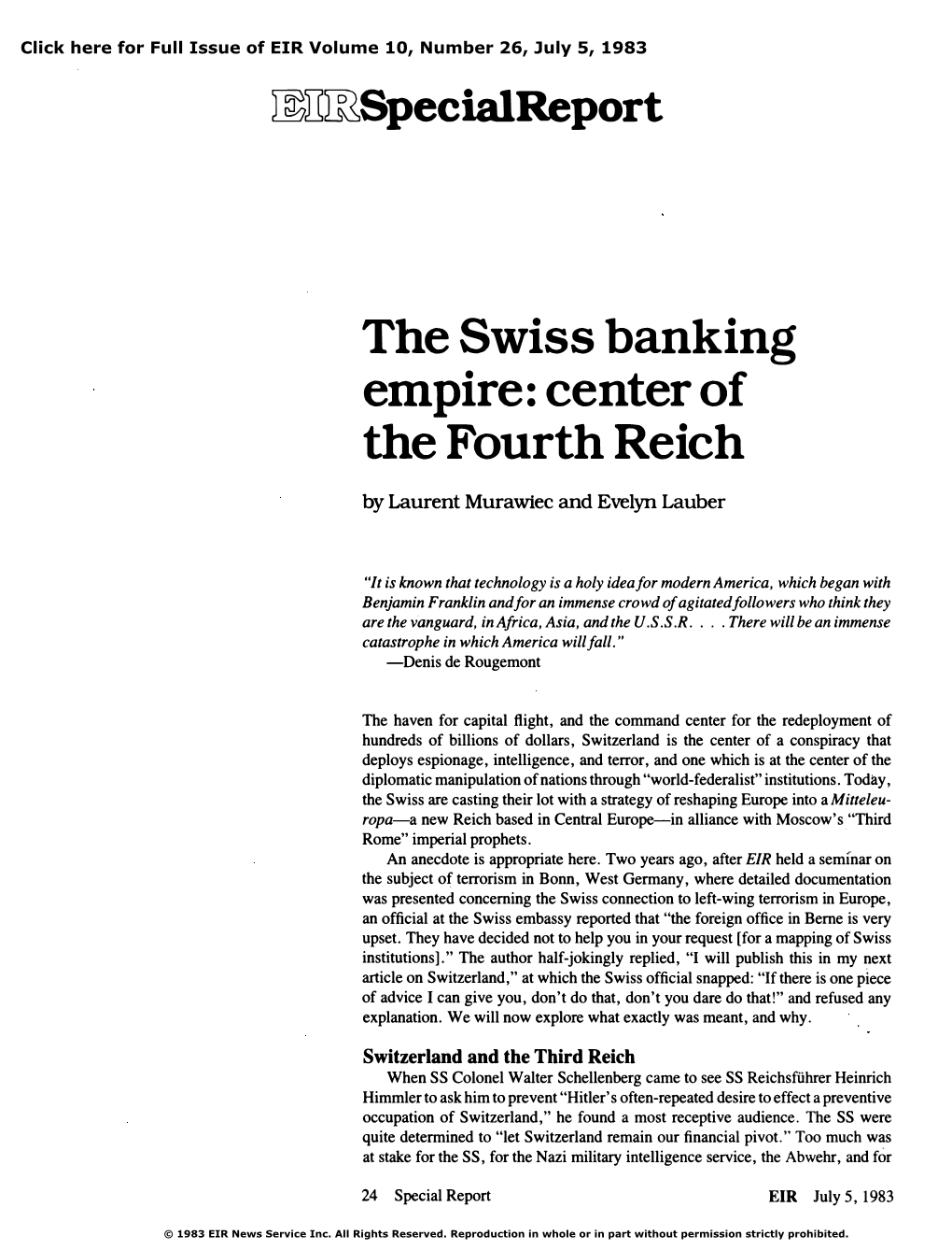 The Swiss Banking Empire: Center of the Fourth Reich