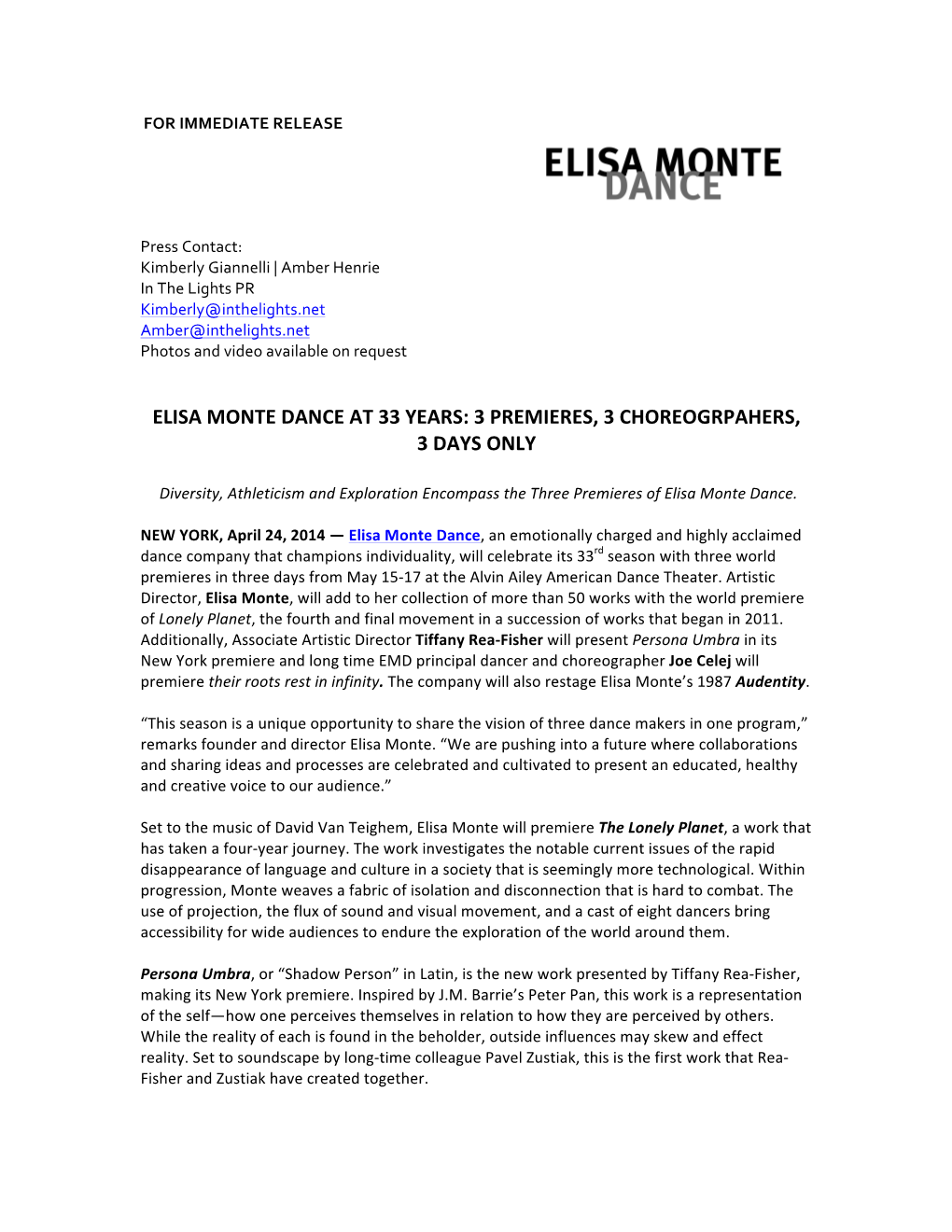 Elisa Monte Dance at 33 Years: 3 Premieres, 3 Choreogrpahers, 3 Days Only