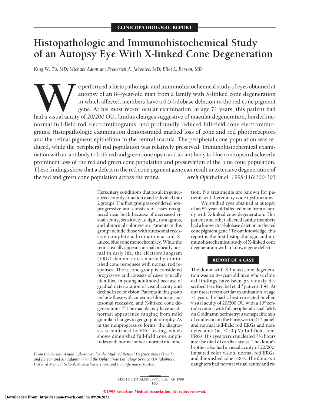 Histopathologic and Immunohistochemical Study of an Autopsy Eye with X-Linked Cone Degeneration