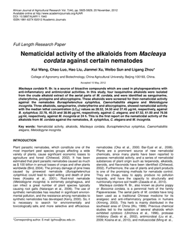 Nematicidal Activity of the Alkaloids from Macleaya Cordata Against Certain Nematodes