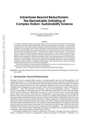Adventures Beyond Reductionism. the Remarkable Unfolding of Complex Holism: Sustainability Science