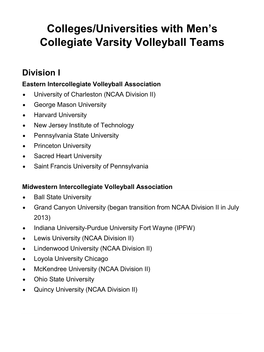 Colleges/Universities with Men's Collegiate Varsity Volleyball Teams